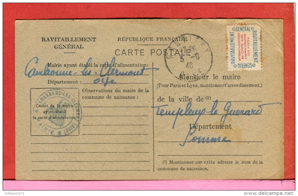 39 45-CAMBRONNE-lès-CLERMONT 60 Oise-Ravitaillement Fiche De Controle-Cachet Mairie-Timbre Spécial Scans Recto Verso - 2. Weltkrieg 1939-1945