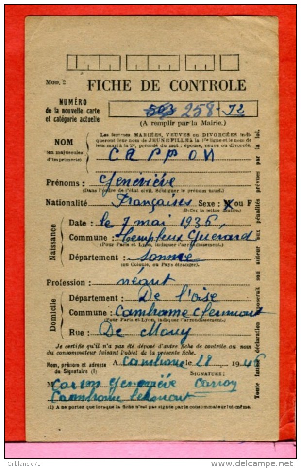 39 45-CAMBRONNE-lès-CLERMONT 60 Oise-Ravitaillement Fiche De Controle-Cachet Mairie-Timbre Spécial Scans Recto Verso - 2. Weltkrieg 1939-1945