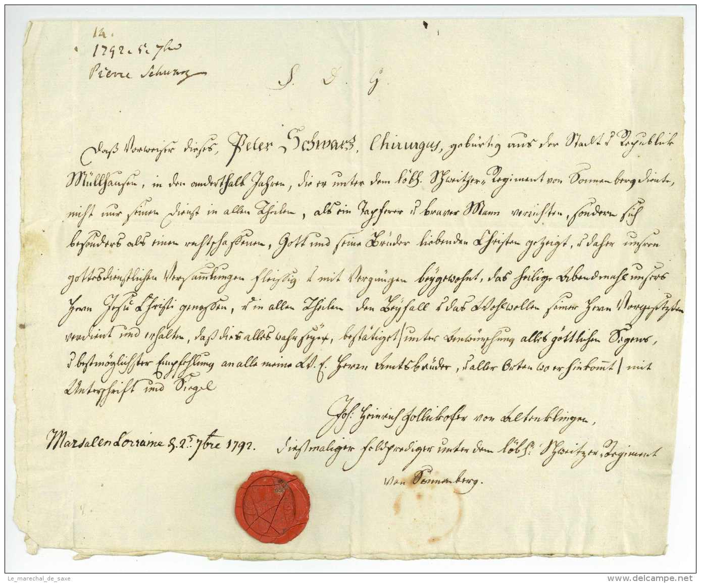 REGIMENT SUISSE DE SONNENBERG - J.H. Zollickofer Von Altenklingen - MARSAL 1792 Lorraine - Documents Historiques