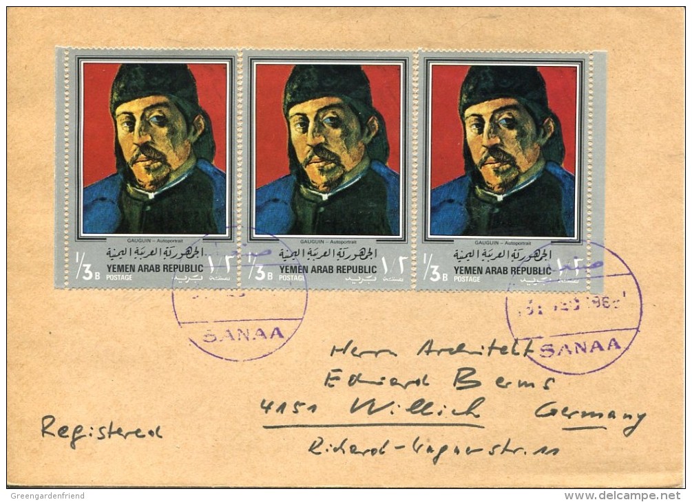 9810 Yemen, Circuled Cover 1986 With 3 Stamps Painting Of Paul Gauguin, Selfportrait - Impresionismo