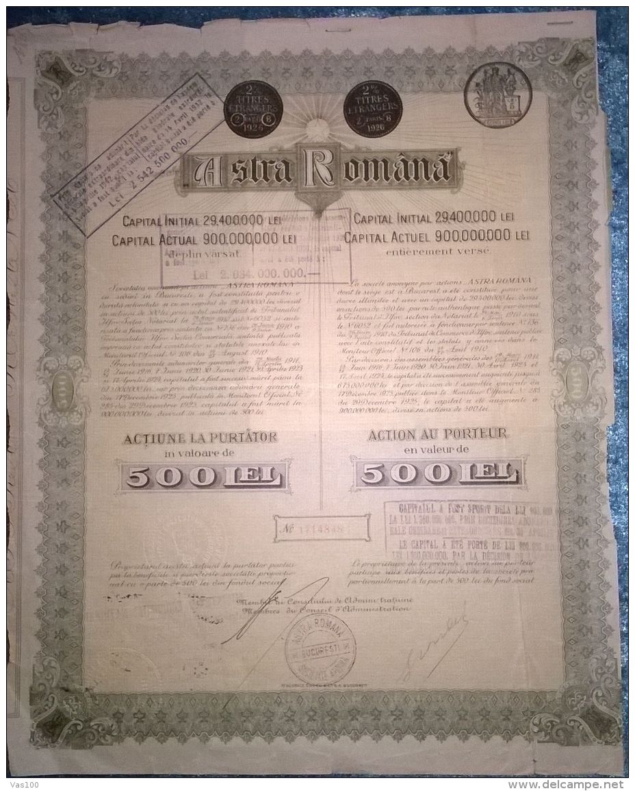 ASTRA ROMANA OIL REFINERY COMPANY, SHARES, STOCK, REVENUE COUPONS, 1945, ROMANIA - Aardolie