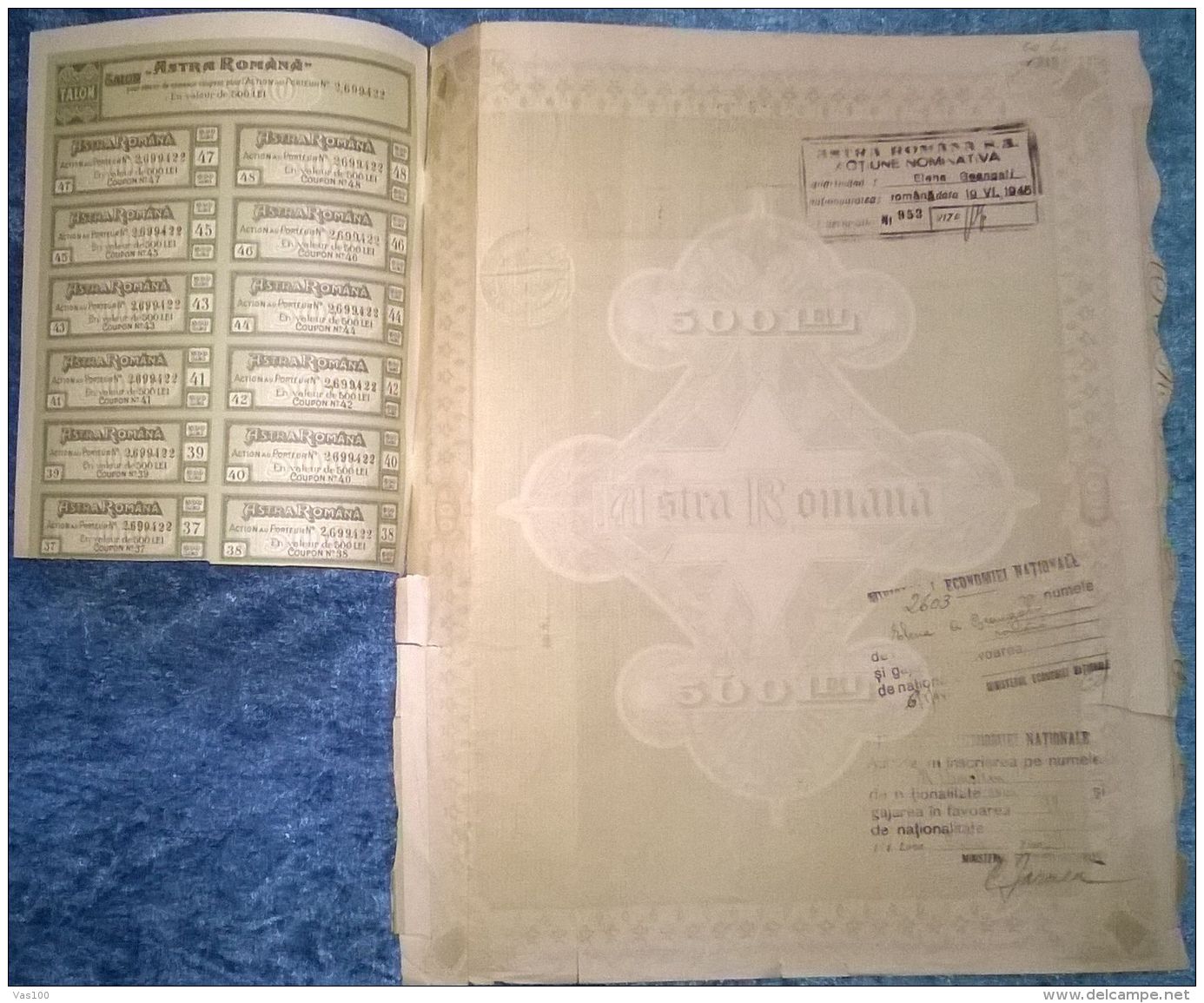 ASTRA ROMANA OIL REFINERY COMPANY, SHARES, STOCK, REVENUE COUPONS, 1945, ROMANIA - Aardolie
