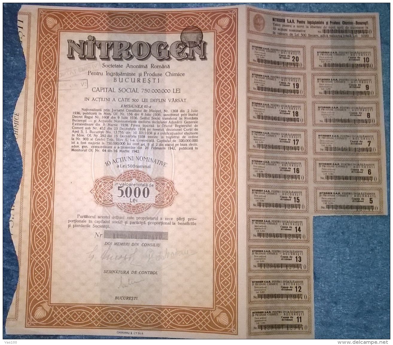 NITROGEN CHEMICAL GOODS AND PESTS COMPANY, SHARES, STOCK, REVENUE COUPONS, 1942, ROMANIA - Industry