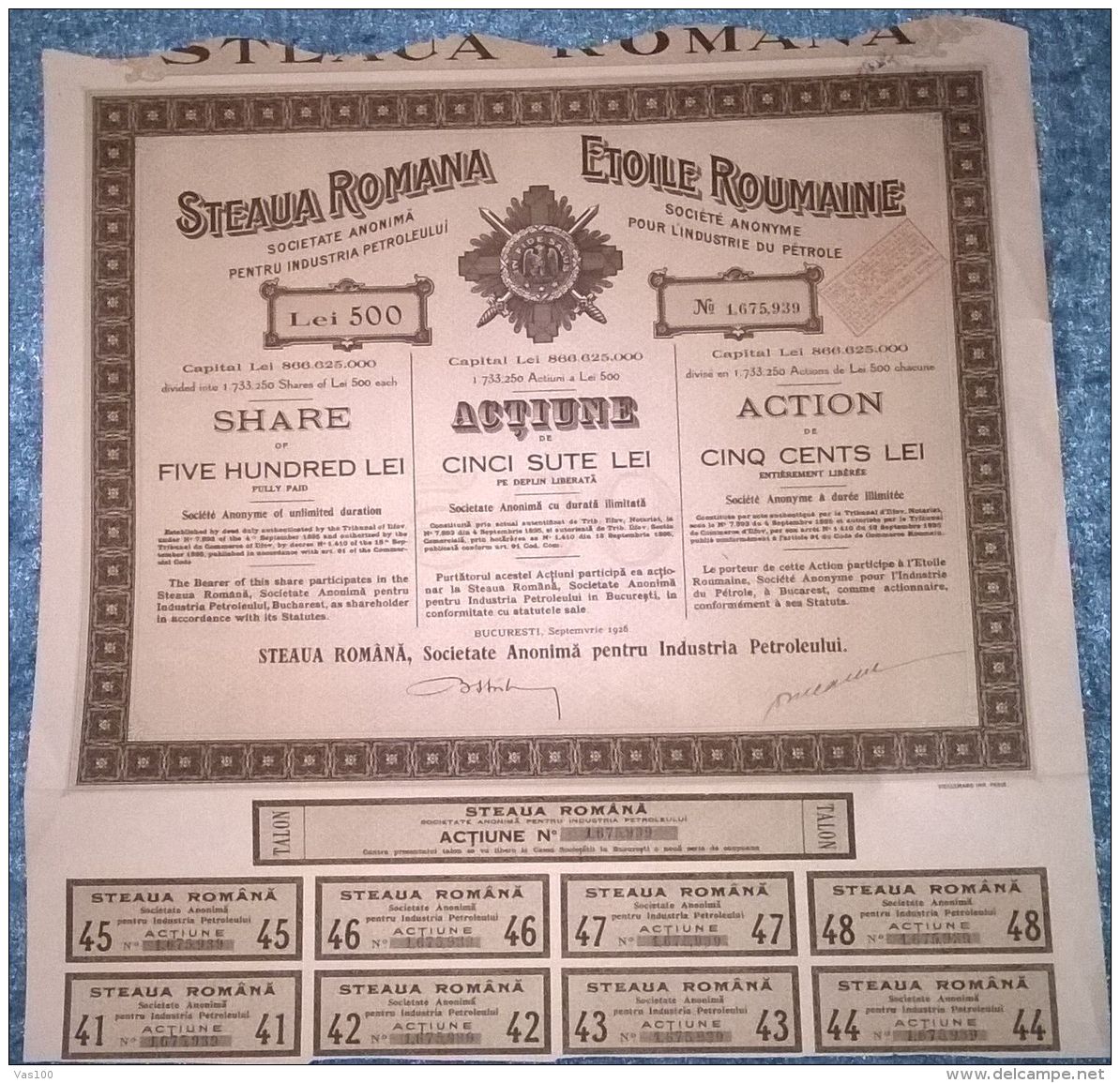 STEAUA ROMANA OIL COMPANY, SHARES, STOCK, REVENUE COUPONS, 1926, ROMANIA - Aardolie