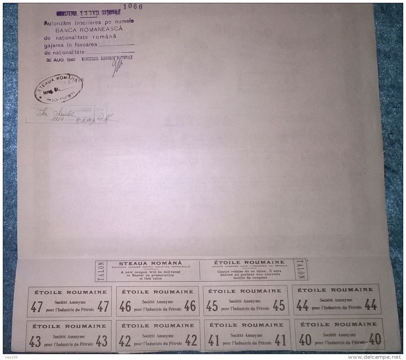 STEAUA ROMANA OIL COMPANY, SHARES, STOCK, REVENUE COUPONS, 1926, ROMANIA - Petróleo