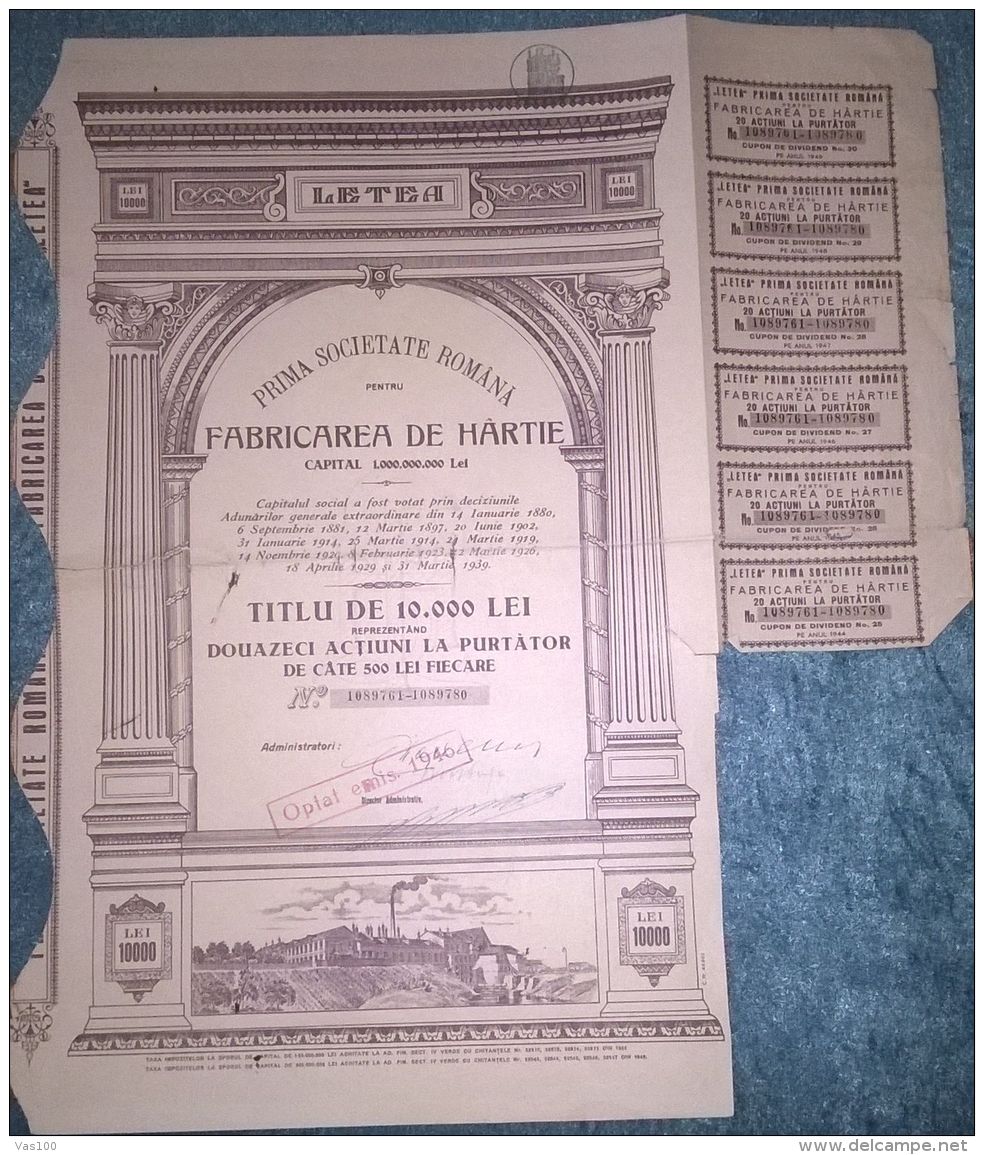 LETEA PAPER FACTORY COMPANY, SHARES, STOCK, REVENUE COUPONS, 1946, ROMANIA - Industrie