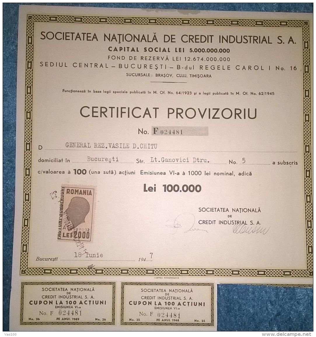 INDUSTRIAL LOAN  COMPANY, PROVISORAL CERTIFICATE FOR SHARE, STOCK, REVENUE COUPONS, 1947, ROMANIA - Banque & Assurance