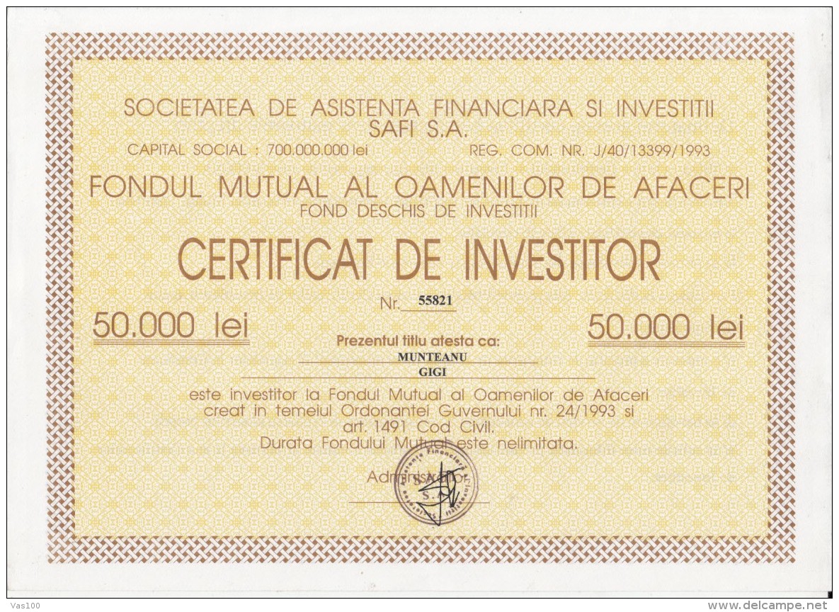 FINANCIAL ASSISTANCE AND INVESTMENTS COMPANY, INVESTOR CERTIFICATE, 1993, ROMANIA - Banque & Assurance