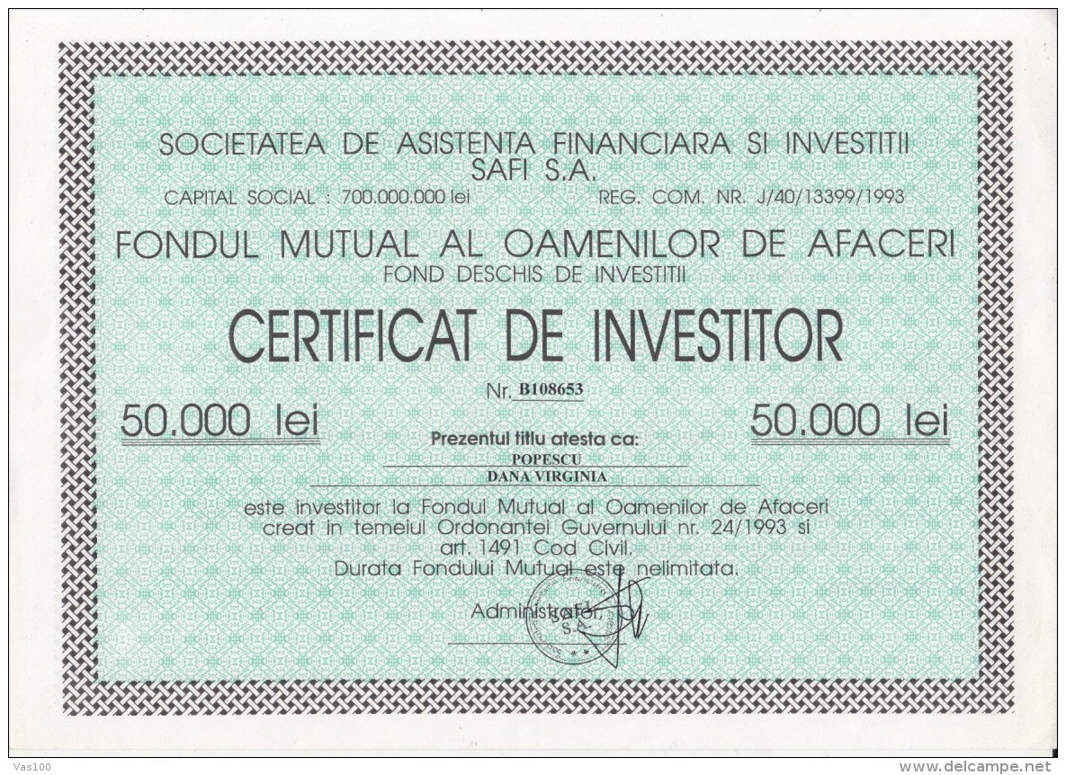 FINANCIAL ASSISTANCE AND INVESTMENTS COMPANY, INVESTOR CERTIFICATE, 1993, ROMANIA - Banque & Assurance