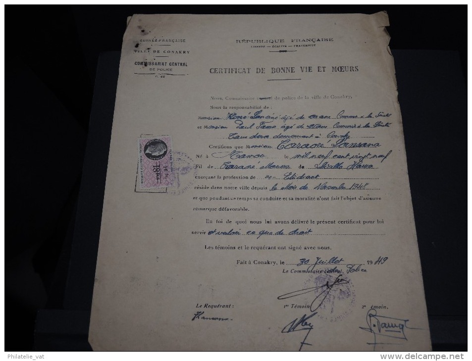 GUINEE FRANCAISE - Timbre Fiscal Sur Document - Trés Rare Pour Cette Ancienne Colonie Française - A Voir - Lot N°16415 - Cartas & Documentos