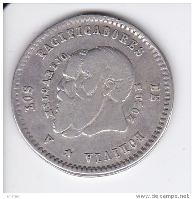 MONEDA DE PLATA DE BOLIVIA DE 1/2 MELGAREJO DEL AÑO 1865 AL VALOR Y AL TALENTO-POTOSI DIAMETR 29 Mm  (COIN) SILVER - Bolivia