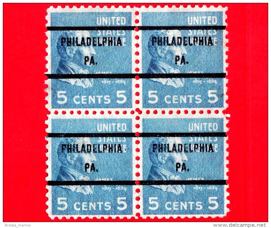 U.S. - USA - STATI UNITI - Usato - 1938 - Presidente James Monroe - 5 Cent - Quartina - Philadelphia PA - Precancels