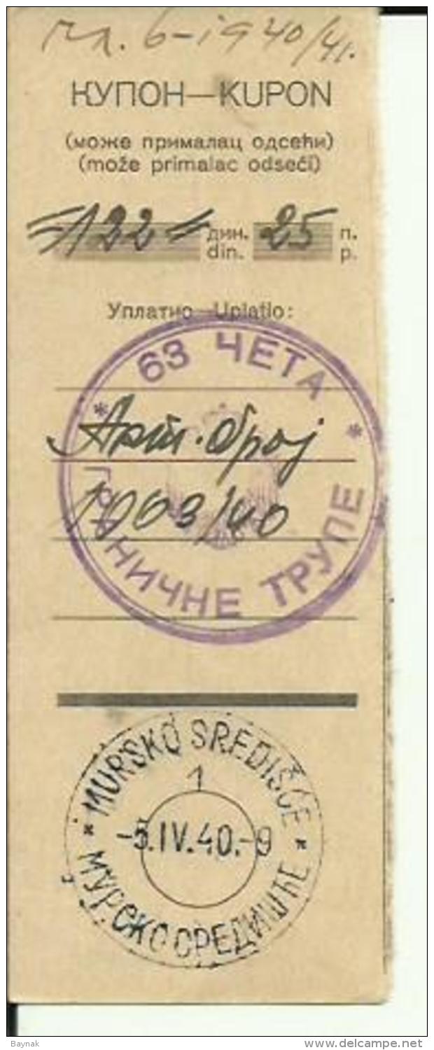 CROATIA  --  MURSKO SREDISCE  --  KUPON  --  63. CETA  --  GRANICNE TRUPE  --  1940  --  PAROHIJAL, CRKVENI POREZ - Kroatien