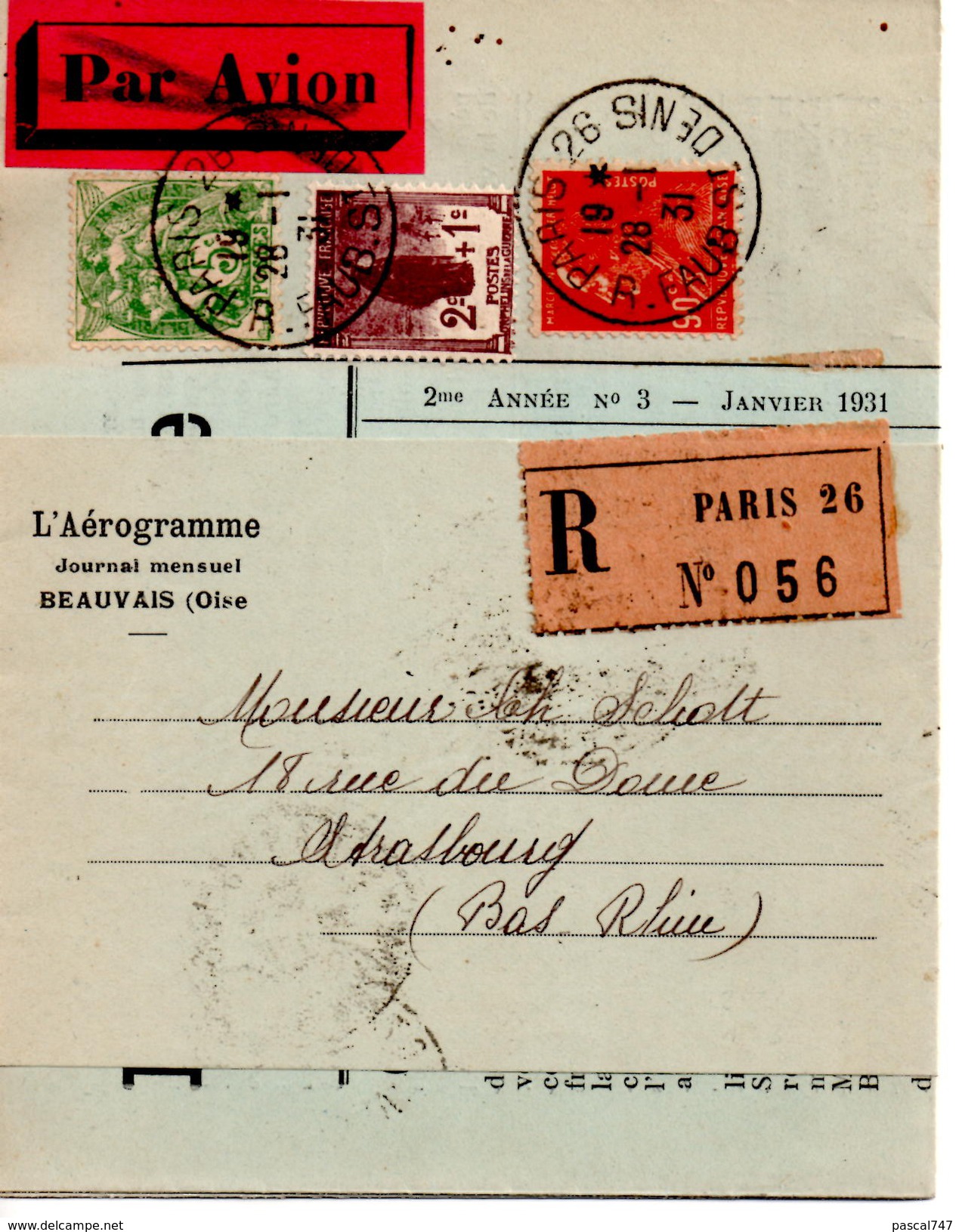 L´ Aerogramme Paris Strasbourg 1931 Journal Par Avion Recommander 97 Cts - 1927-1959 Covers & Documents