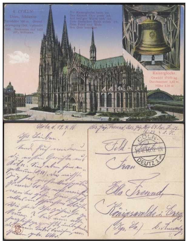 P110 Feldpostkarte 54. Reserve Division AK Kölner Dom An Ella Freund 1916 Stempel Cöln-Deutz Echt Gelaufen - Guerre 1914-18