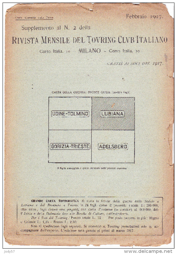 CARTA TOURING CLUB ITALIANO - LUBIANA - FRONTE DI GUERRA - 1917 - Carte Topografiche