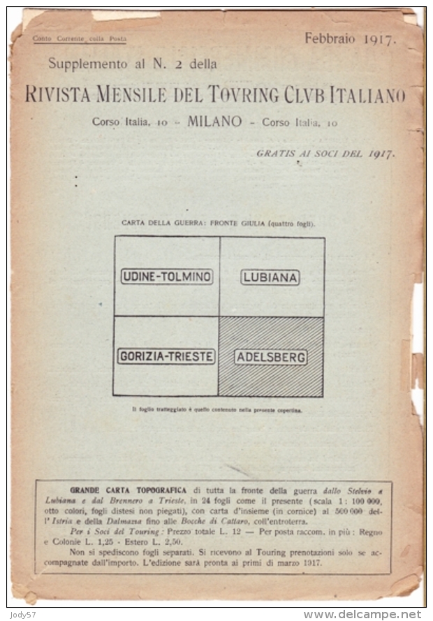 CARTA TOURING CLUB ITALIANO - ADELSBERG - FRONTE DI GUERRA - 1917 - Cartes Topographiques