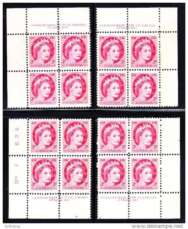 Canada MNH Scott #339p 3c Queen Elizabeth II - Wildling Portrait - Plate #1, Tagged Matched Set Of 4 Blocks - Num. Planches & Inscriptions Marge