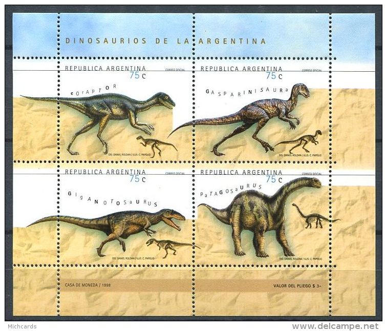 166 ARGENTINE 1998 - Yvert 2062/65 - Faune Prehistorique Dinosaure - Neuf ** (MNH) Sans Trace De Charniere - Neufs