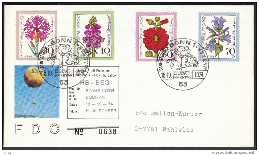 Germany Bonn 1974 / Flowers / Flown By Balloon HB-BEG - Other (Air)