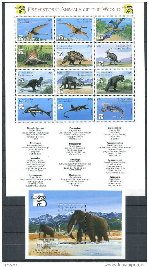 166 ST VINCENT Et GRENADINES 1999 - Yvert 3629/40 BF 433 - Faune Prehistoire Dino  Neuf ** (MNH) Sans Trace De Charniere - St.Vincent Y Las Granadinas