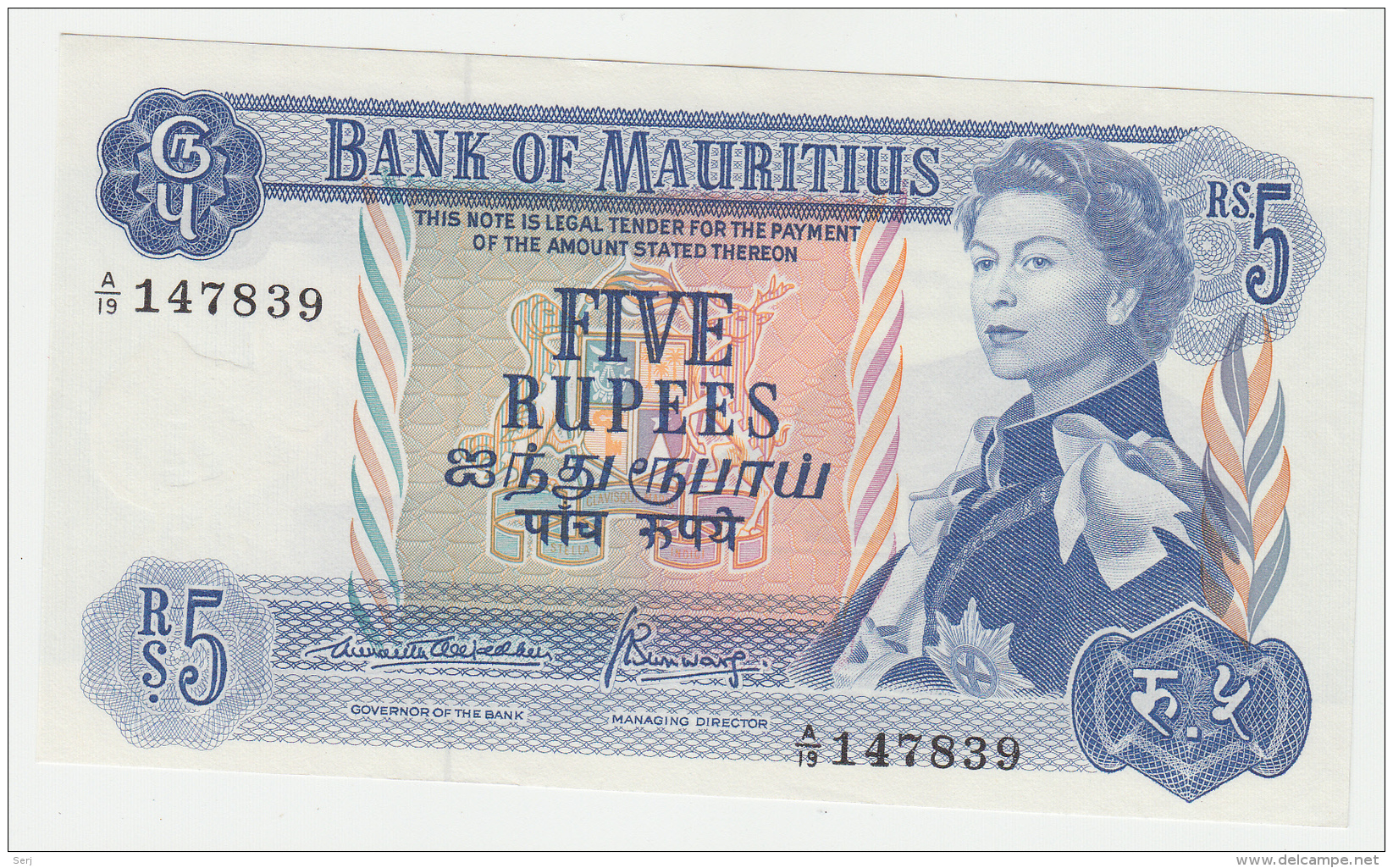 Mauritius 5 RUPEES  1967 UNC NEUF Pick 30b  30 B (Sign 3) - Mauricio