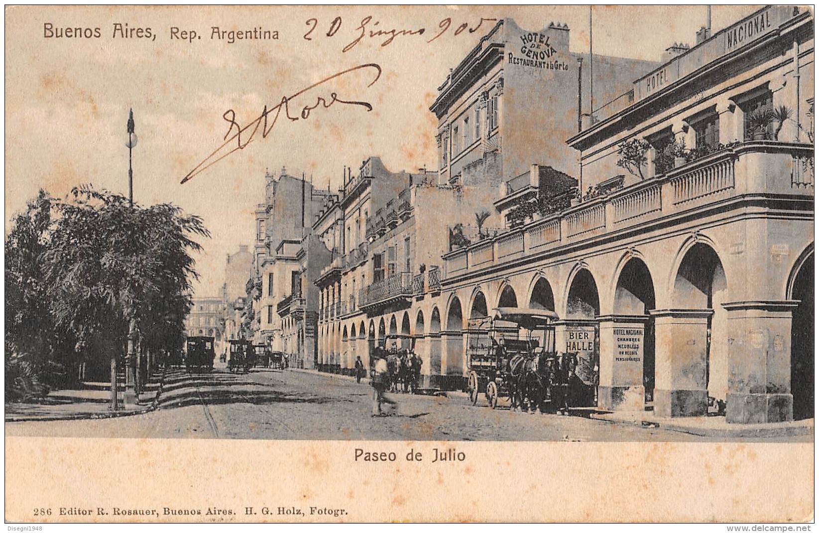 05651 "REP. ARGENTINA - BUENOS AIRES - PASEO DE JULIO" ANIMATA, CARRI, OMNIBUS. CART. POST. ORIG.  SPEDITA 1905 - Argentine
