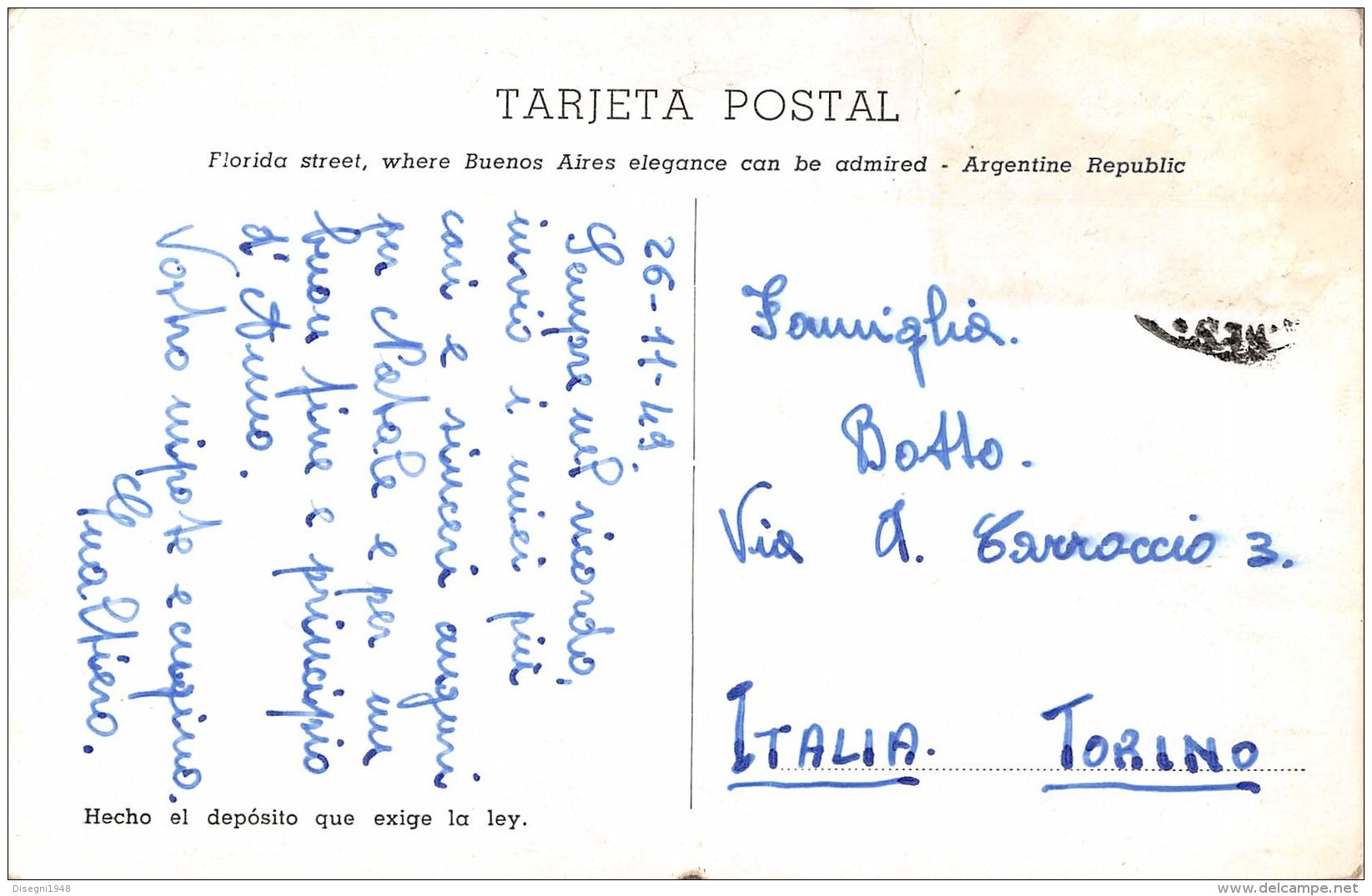 05653 "REP. ARGENTINA - BUENOS AIRES - CALLE FLORIDA" CART. POST. ORIG.  SPEDITA 1949 - Argentine