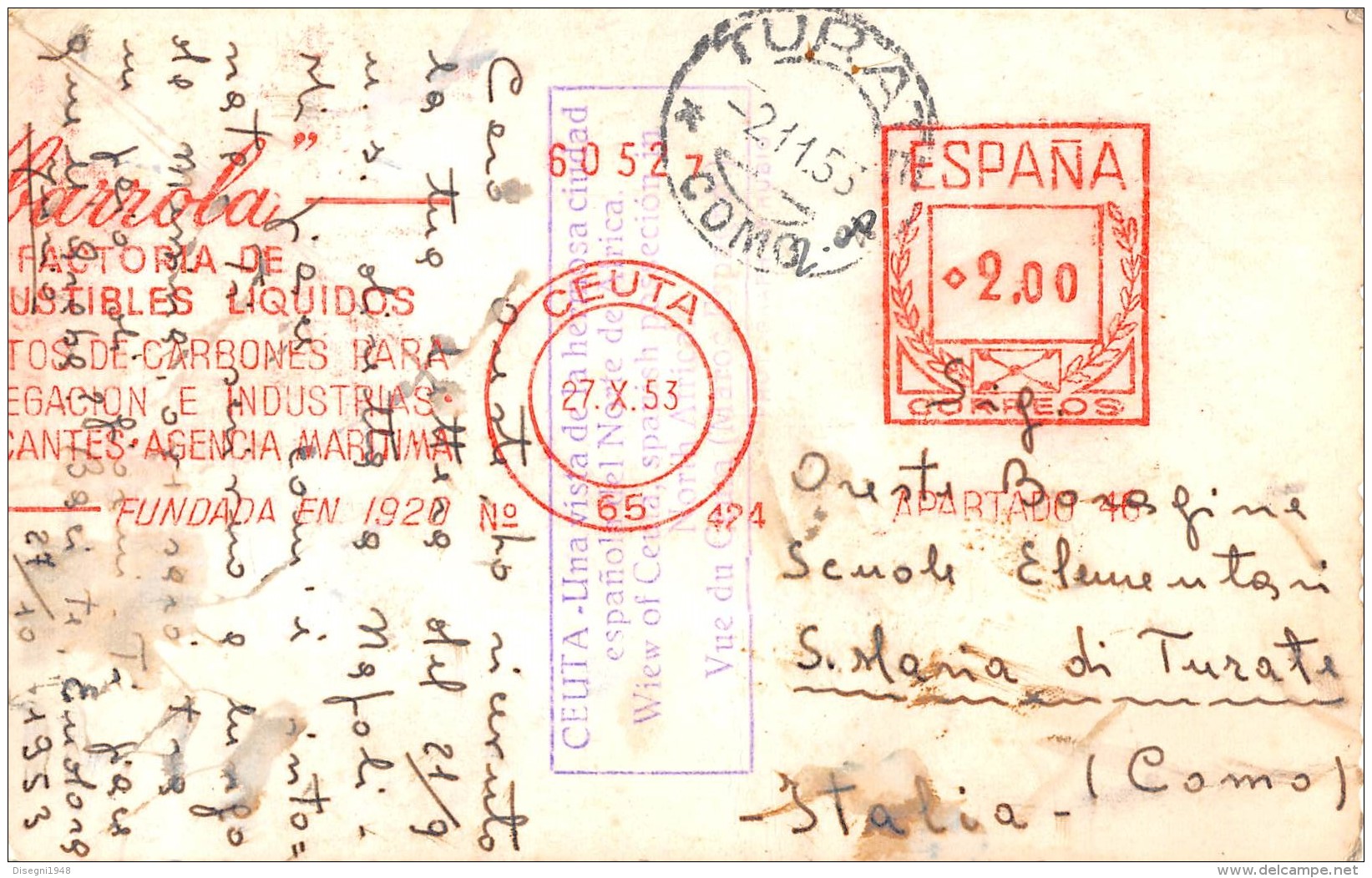 05661 "SPAGNA - CEUTA - UNA VISTA" ANIMATA, AUTO ANNI '30. CART. POST. ORIG.  SPEDITA 1953 - Ceuta
