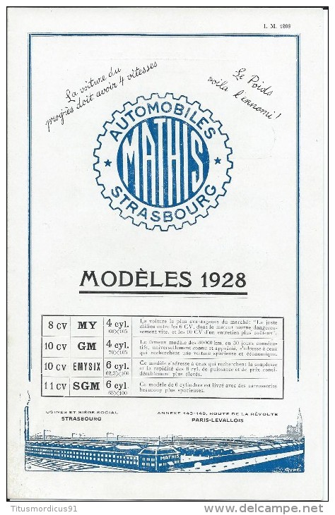 Catalogue Dépliant 4 Pages - Voitures MATHIS - 8 Cv, 10cv, 11cv  4 Et 6 Cylindres       Modèles 1928 - Werbung