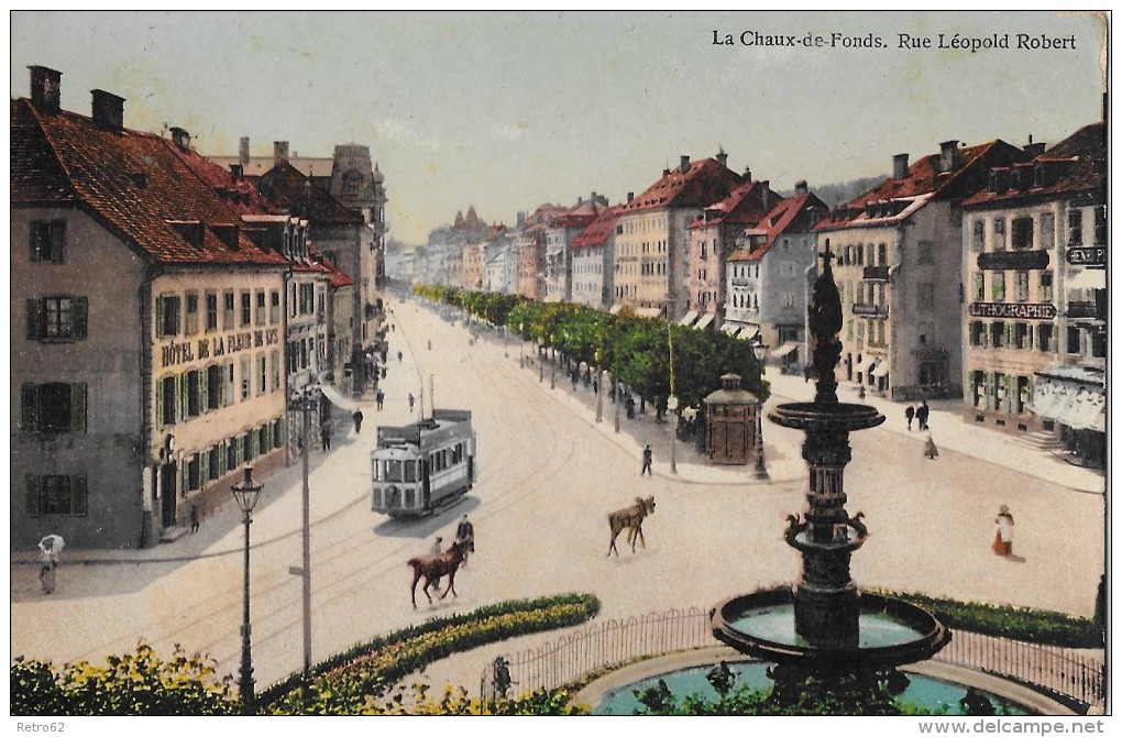 LA CHAUX-DE-FONDS &#8594; Tram Und Pferde Auf Der Rue Léopold Robert 1909 - Sonstige & Ohne Zuordnung