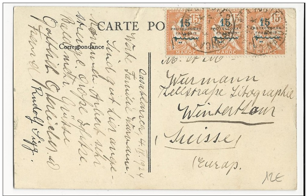 MAROC - MOUCHON - 1924 - CARTE De CASABLANCA Pour WINTERTHUR (SUISSE) - Lettres & Documents