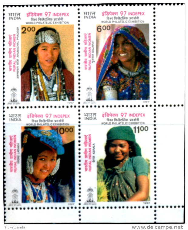 INDIAN RURAL WOMEN-SETENANT BLOCK OF 4-INDIPEX 97-INDIA-1997-MNH-TP-262 - Plaatfouten En Curiosa