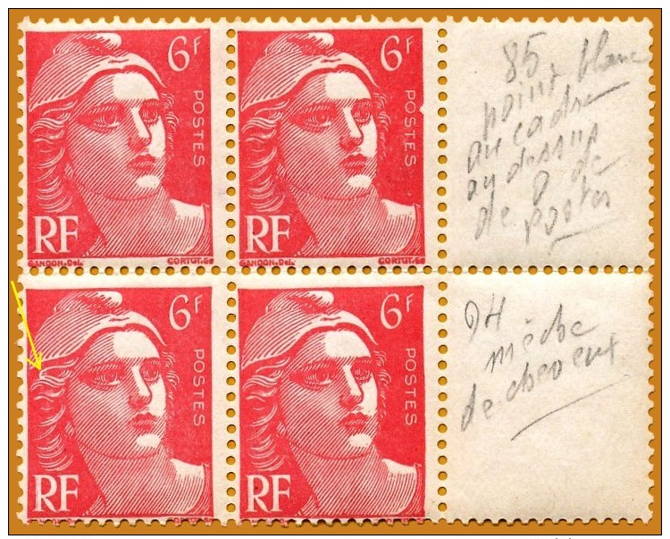 France**LUXE 1945 P 721Aa + 721A Paire Dans Bloc De 4, Mèches Reliées, Vf 6 F. Rose Carminé, Marianne De Gandon (format - Ungebraucht