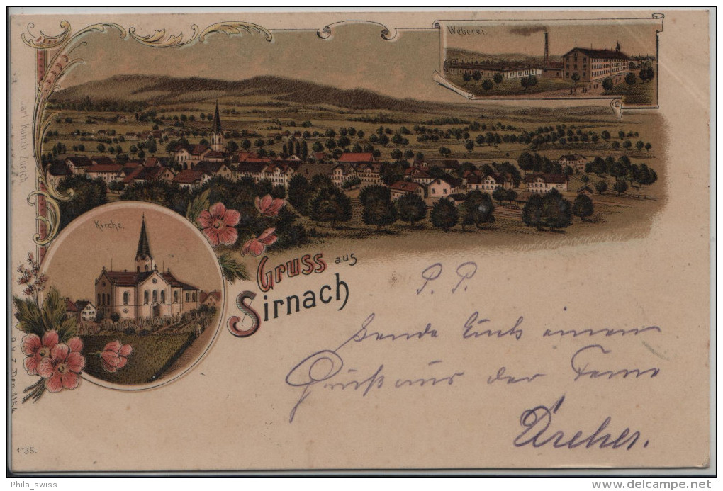 Sirnach, Gruss Aus - Kirche, Weberei, Generalansicht - Farbige Litho - Sirnach