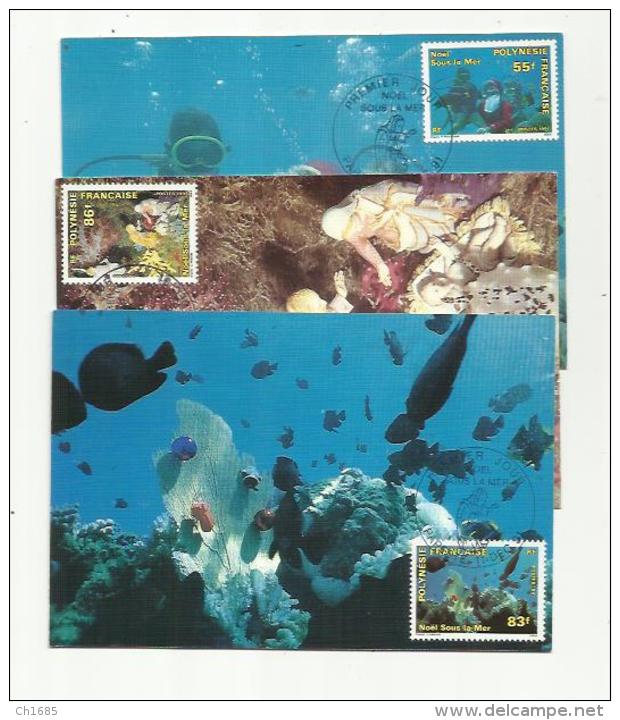 POLYNESIE  :   Carte Maximum   Série 396  à  398  " Noël Sous La Mer "  Année 1991  Oblitération  Papeete - Maximum Cards