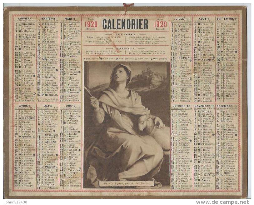 ALMANACH DES POSTES 1920 ( CALENDRIER ) SAINTE AGNES, Par A. DEL SARTO - Groot Formaat: 1901-20