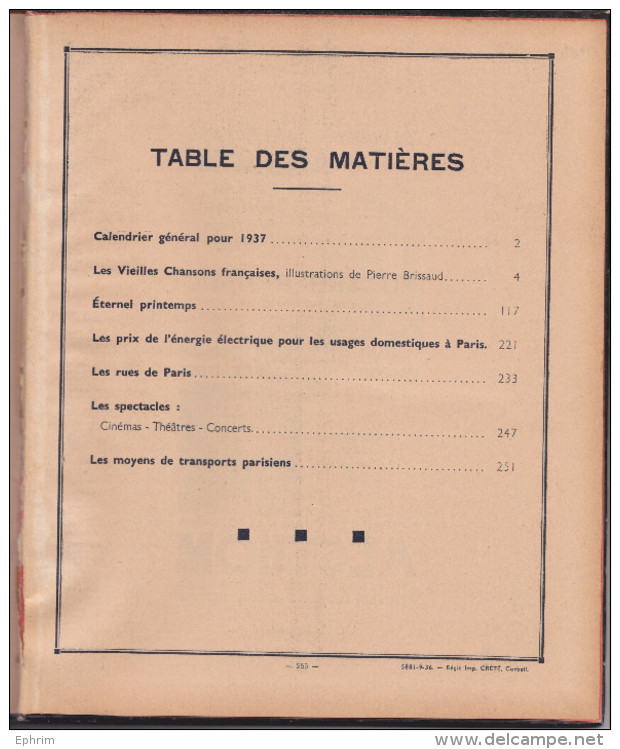 AGENDA RIGIDE ILLUSTRE DE L'ELECTRICITE 1937 CALENDRIER CHANSON ILLUSTRATEUR ILLUSTRATION ZYG BRUNNER PIERRE BRISSAUD - Grand Format : 1921-40