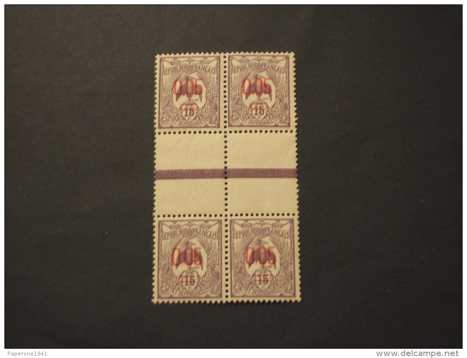 NOUVELLE CALEDONIE - 1922 UCCELLO 0,05 Su 15, Soprast.,con Interspazio, In Quartina(block Of Four) - NUOVO(++) - Unused Stamps