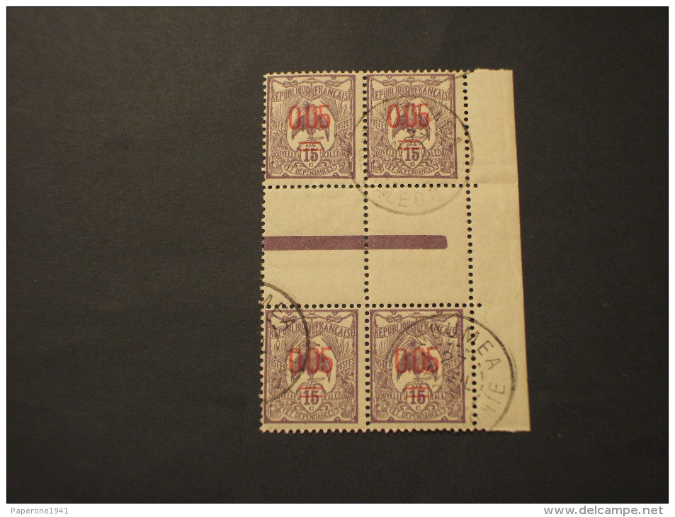 NOUVELLE CALEDONIE - 1922 UCCELLO 0,05 Su 15, Soprast.,con Interspazio, In Quartina,(block Of Four)- TIMBRATO/USED - Used Stamps