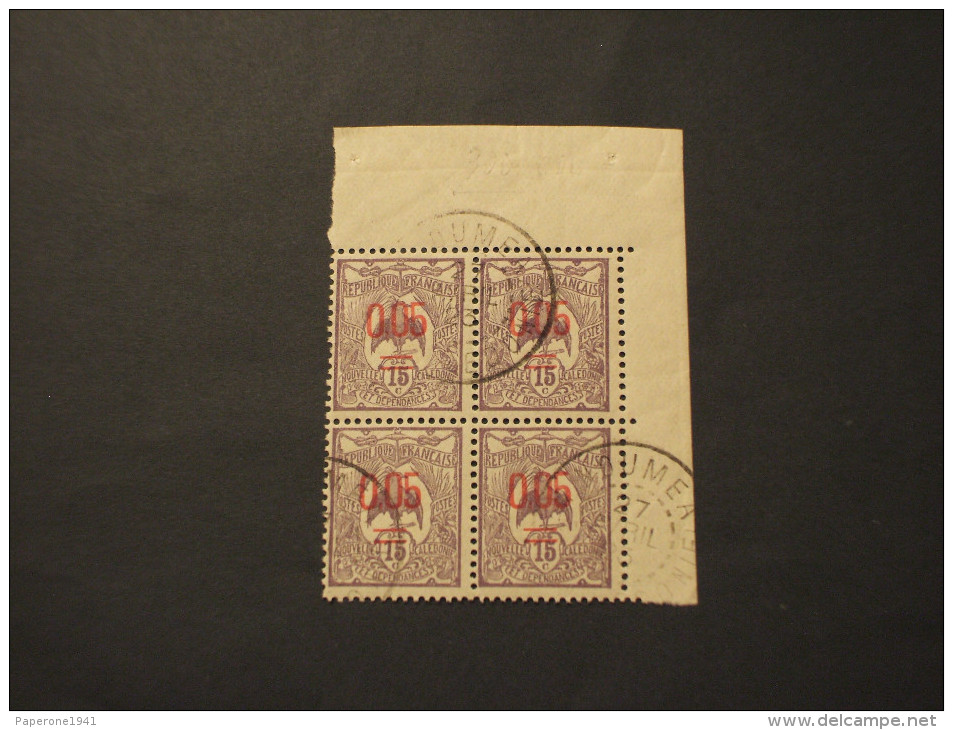 NOUVELLE CALEDONIE - 1922 UCCELLO 0,05 Su 15, Soprast.,con Interspazio, In Quartina,(block Of Four)- TIMBRATO/USED - Used Stamps