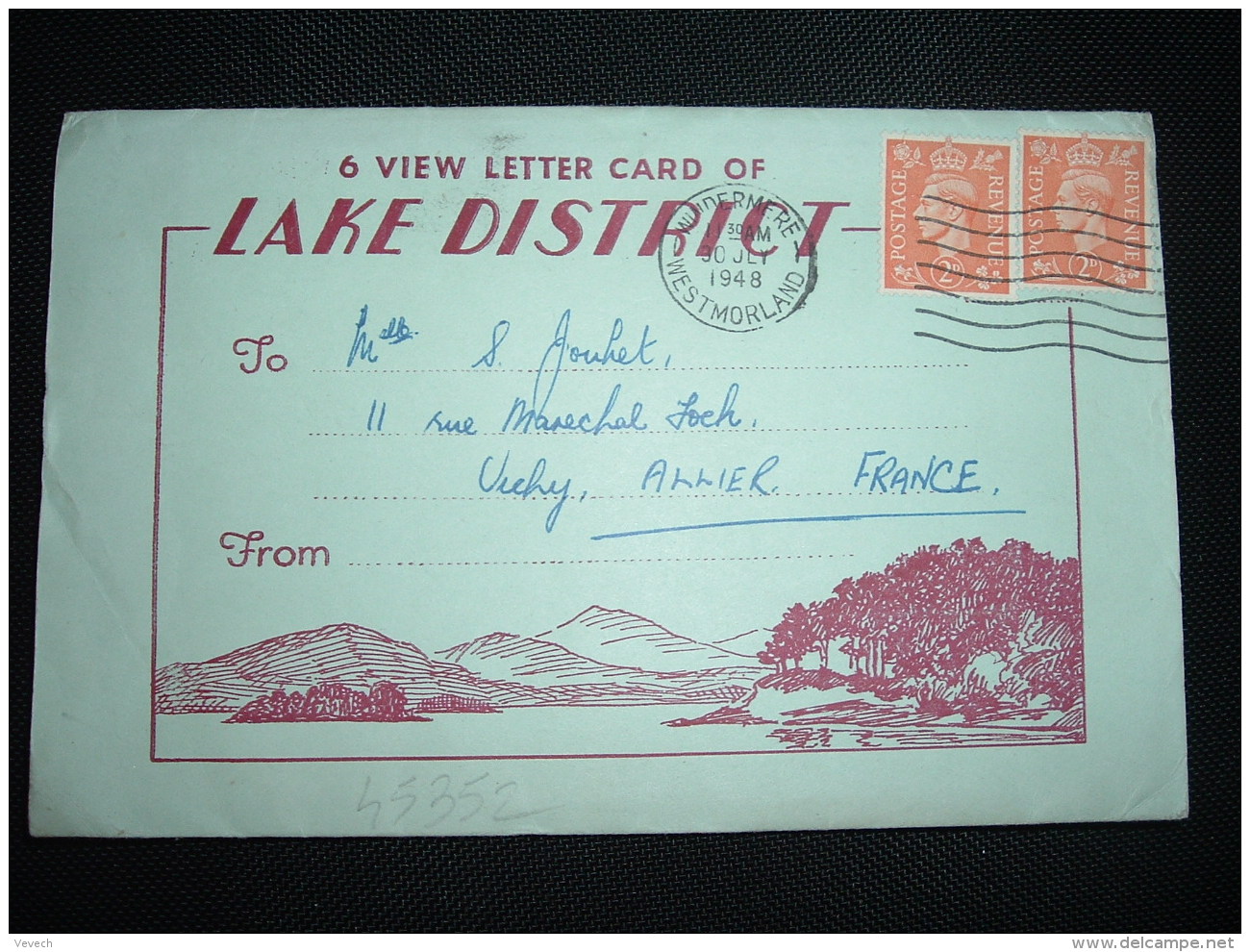 LETTRE LAKE DISTRICT Pour FRANCE TP 2 D X2 OBL.MEC.30 JLY 1948 WINDERMERE - Zonder Classificatie