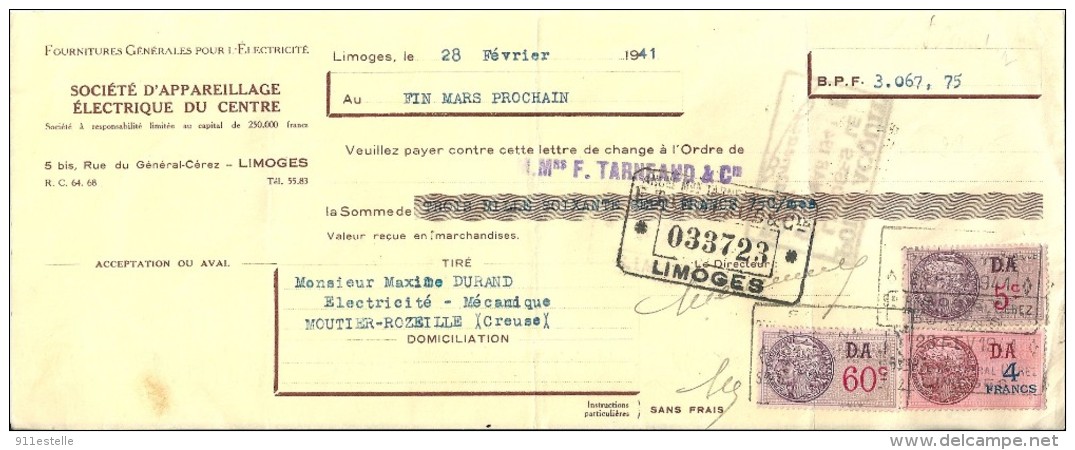Fiscal   87 Limoges  -  S A E C ,  Facture  Acquitté  De 1941  Timbrée - Limoges