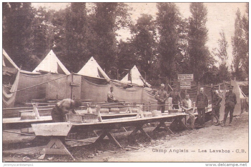 Old WW1 Postcard : "Camp Anglais - Les Lavabos" -  English Camp The Bathrooms, Showing Wooden Troughs - SALE - Guerre 1914-18