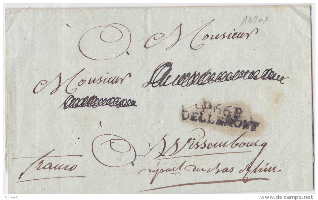 16201# P.66.P. DELLEMONT 34*8.5mm PORT PAYE HAUT RHIN LETTRE SANS CORRESPONDANCE Pour WISSEMBOURG Cote 750 Euros - Other & Unclassified