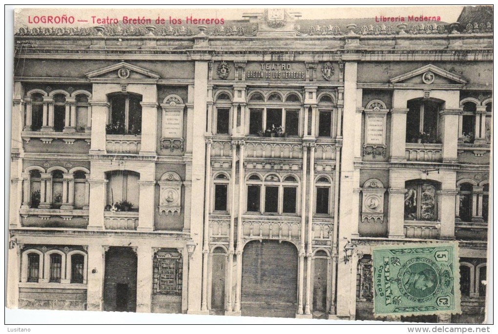 Logroño - Teatro Bretón De Los Herreros - España Theatre Spain Sello Stamp 1916 (2 Scans) - La Rioja (Logrono)