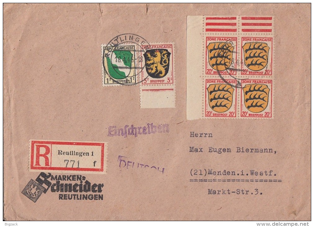 Fr. Zone R-Brief Mif Minr.1,2, 4x 8 4er Block OER Reutlingen 18.4.46 Gel. Nach Menden - Sonstige & Ohne Zuordnung