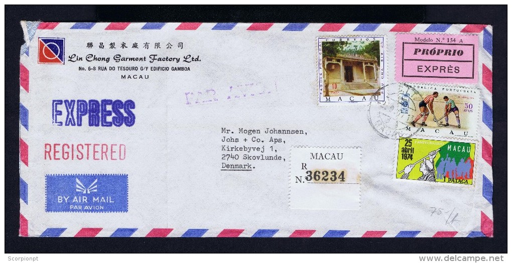 Sp3933  Macao Macau Portugal Express Cover 1977 Mailed Denmark - Lettres & Documents