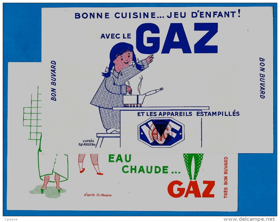 BUVARD (LOT De 2) D'après Illustrateur Fix-Masseau GAZ Bonne Cuisine...Jeu D'Enfant & Eau Chaude... - Elettricità & Gas