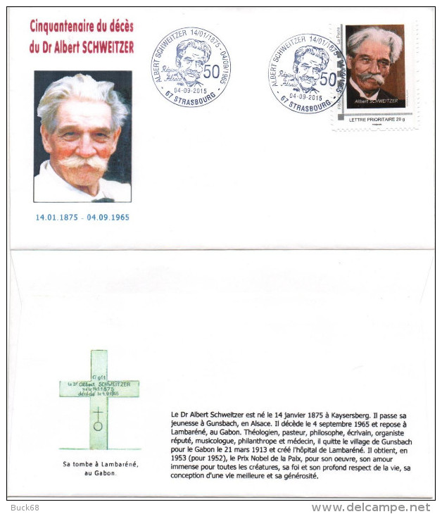 FRANCE 2015 FDC 1er Jour Timbre Personnalisé Albert SCHWEITZER Nobel 50ème Anniversaire Mort STRASBOURG (2) - Albert Schweitzer